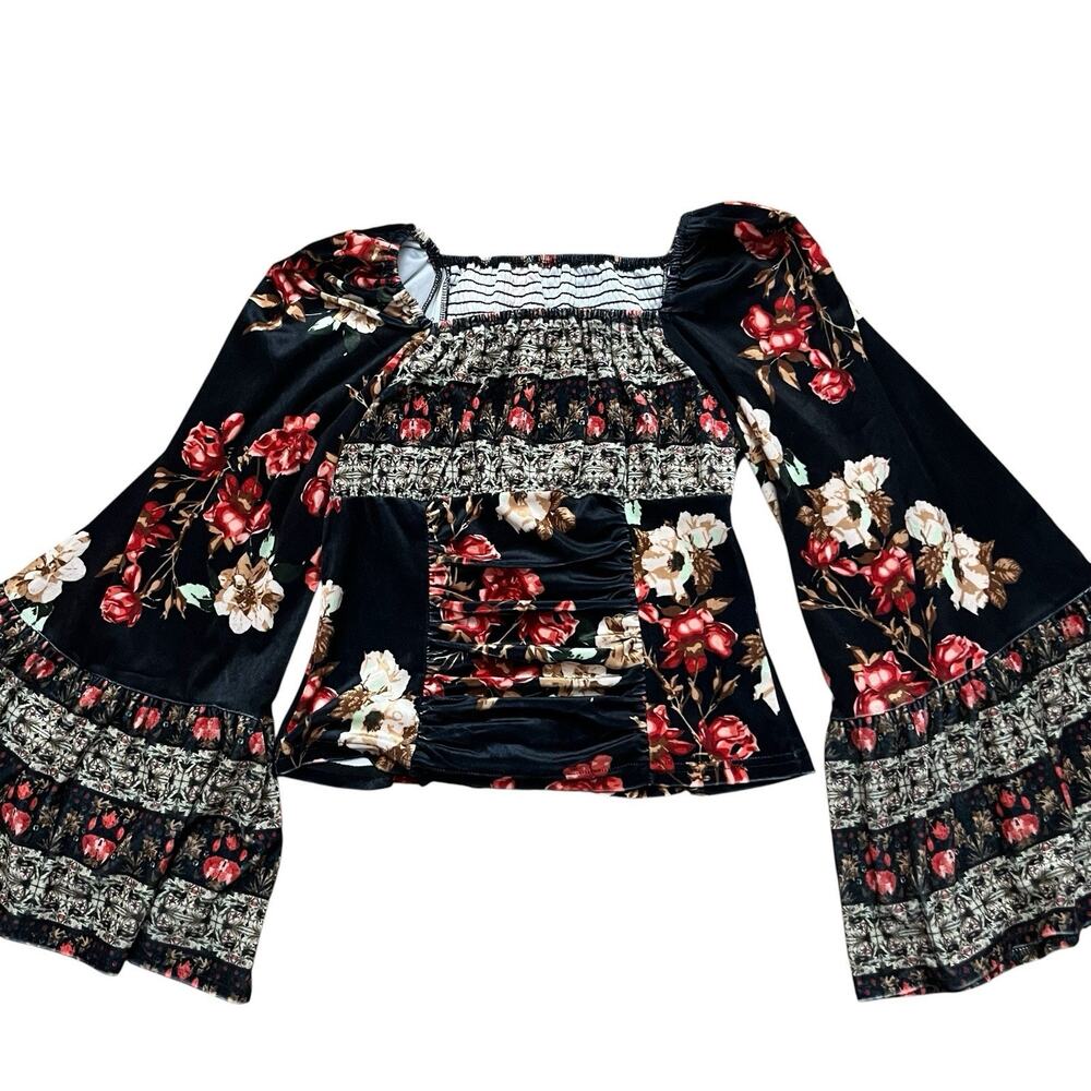 Venus Velvet Bell Sleeve Top 12/14 Ruched Crop Retro Boho Smocked Floral Black